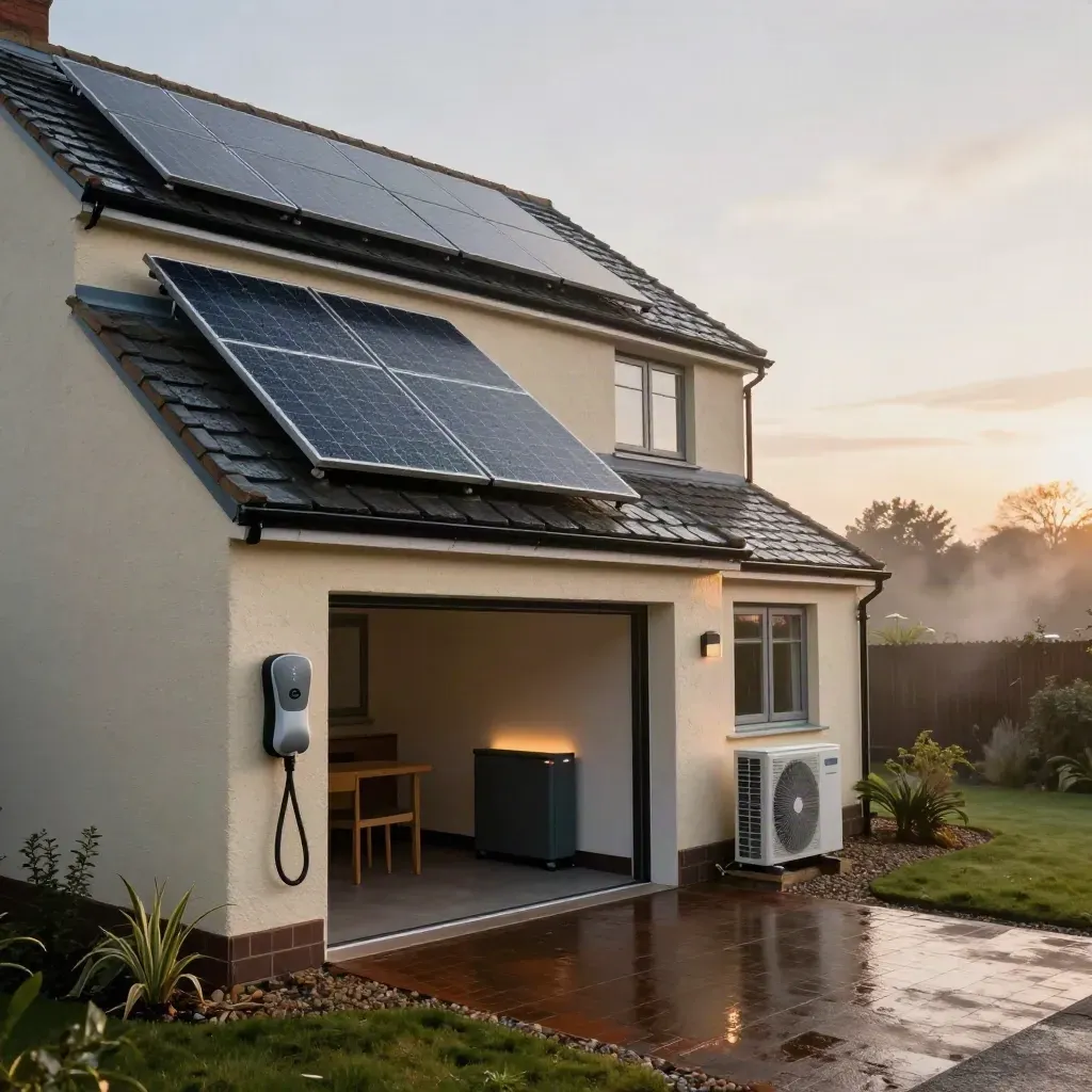 Rain-slick UK home with solar panels, EV charger, battery cabinet and heat pump at dusk.