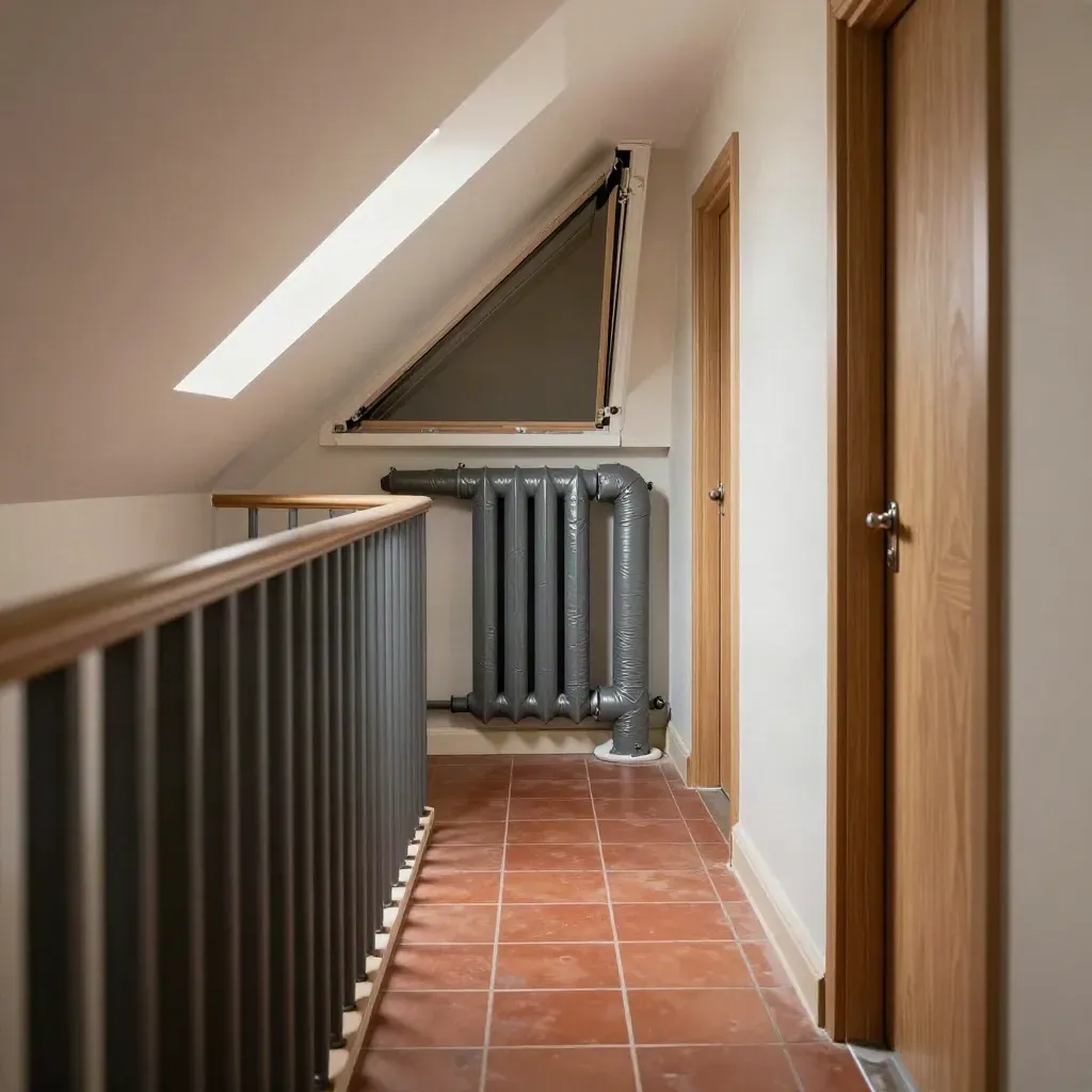 Hallway upgrade with loft hatch, radiator pipes, draught seals and pipe lagging in warm light.