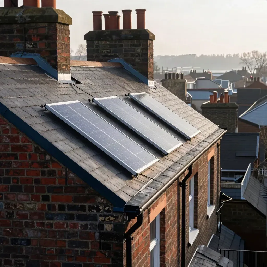 London terraced roof with chimney, roof window and planned solar panel zone in winter light